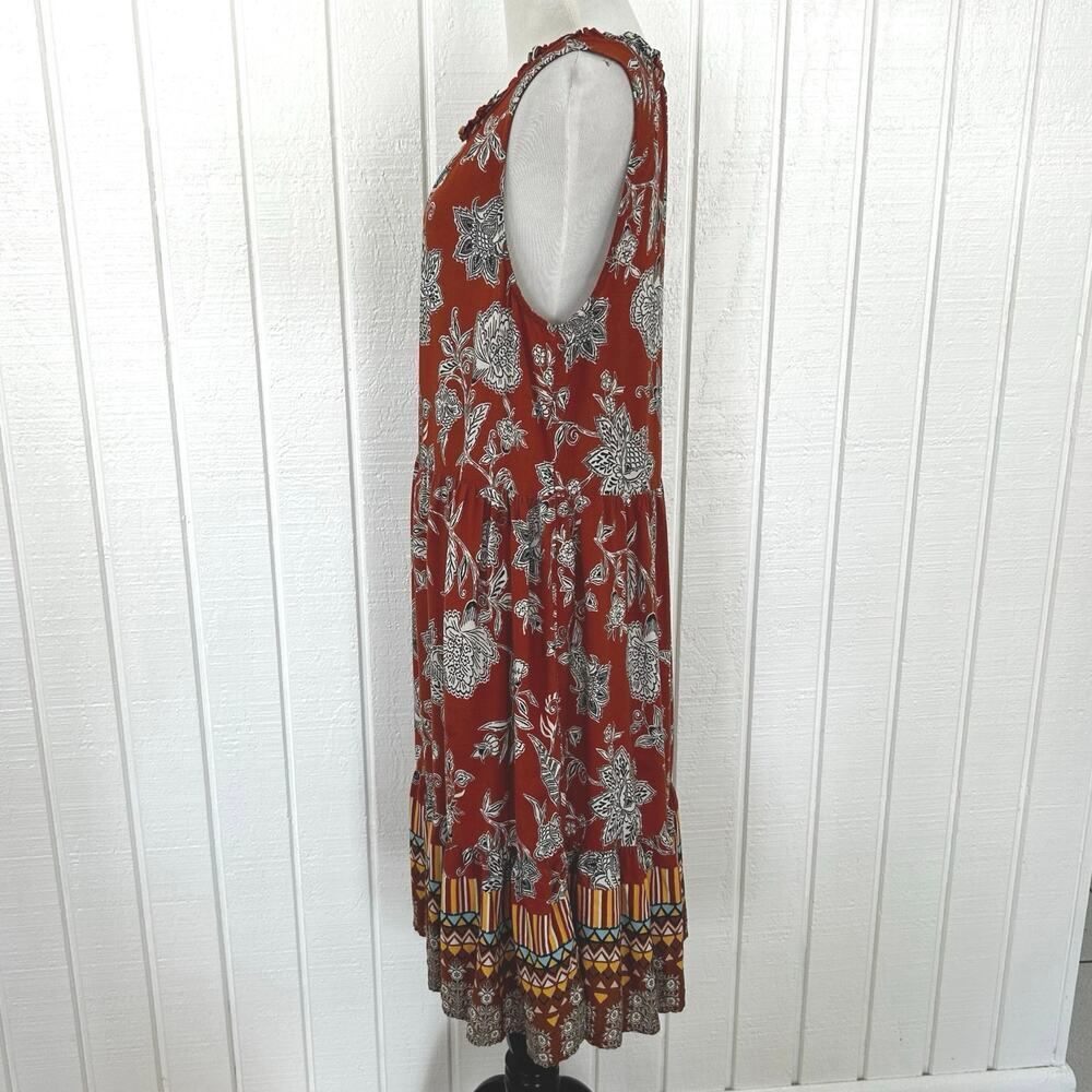 BeachLunchLounge Brown Floral Midi Dress Boho Ruffle Hem Sleeveless Large - Picture 5 of 9